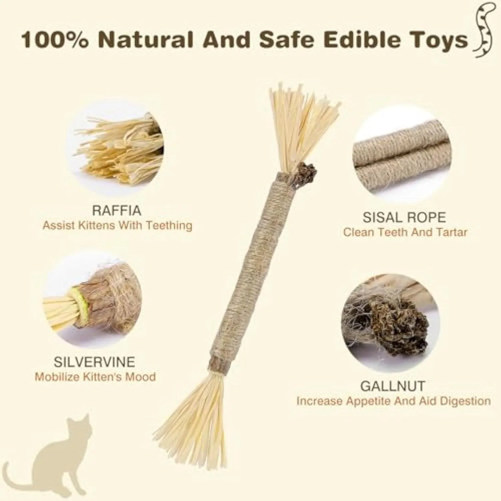 3-pack of natural silvervine chew sticks for cats with sisal rope, showing thick and fine diameter options.