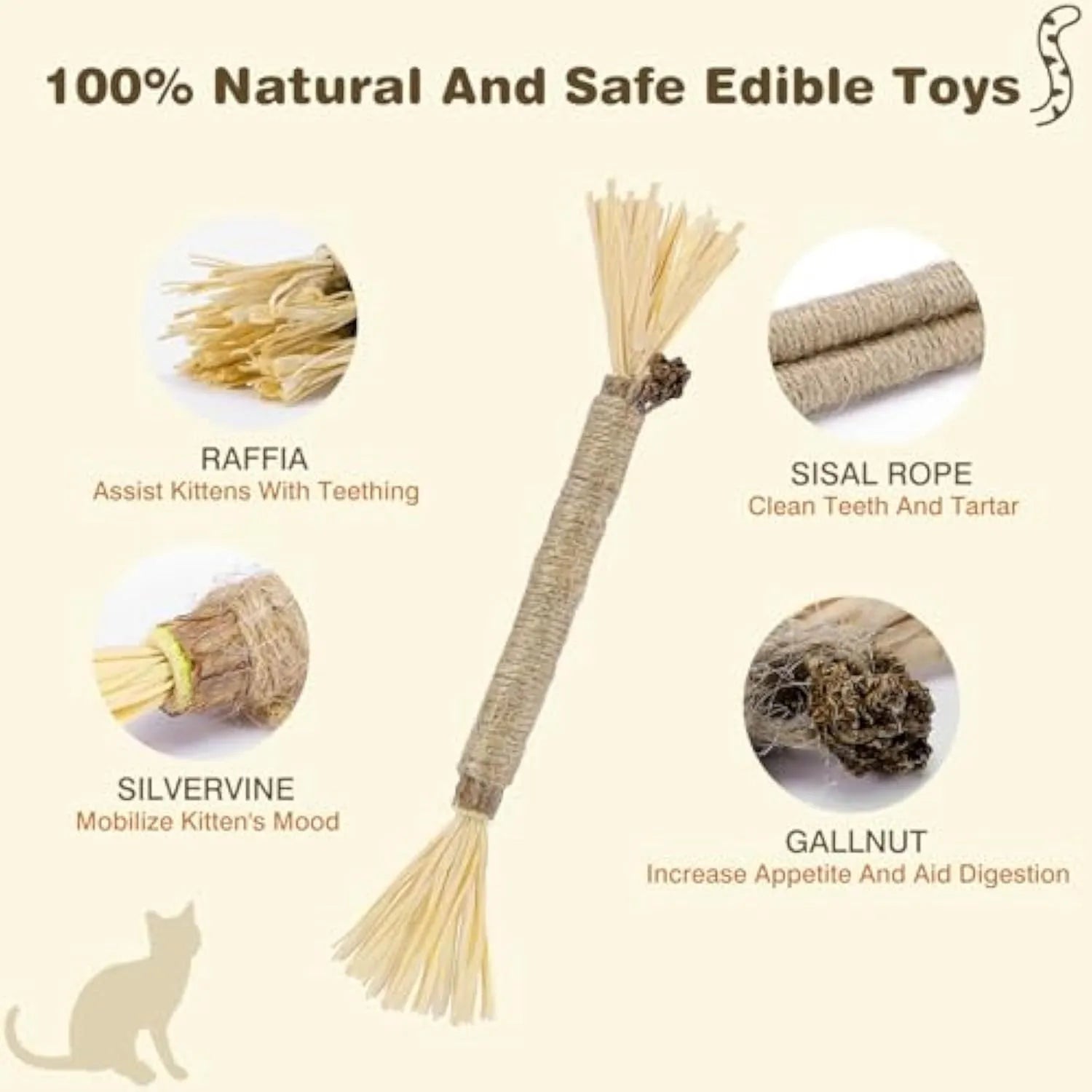 3-pack of natural silvervine chew sticks for cats with sisal rope, showing thick and fine diameter options.