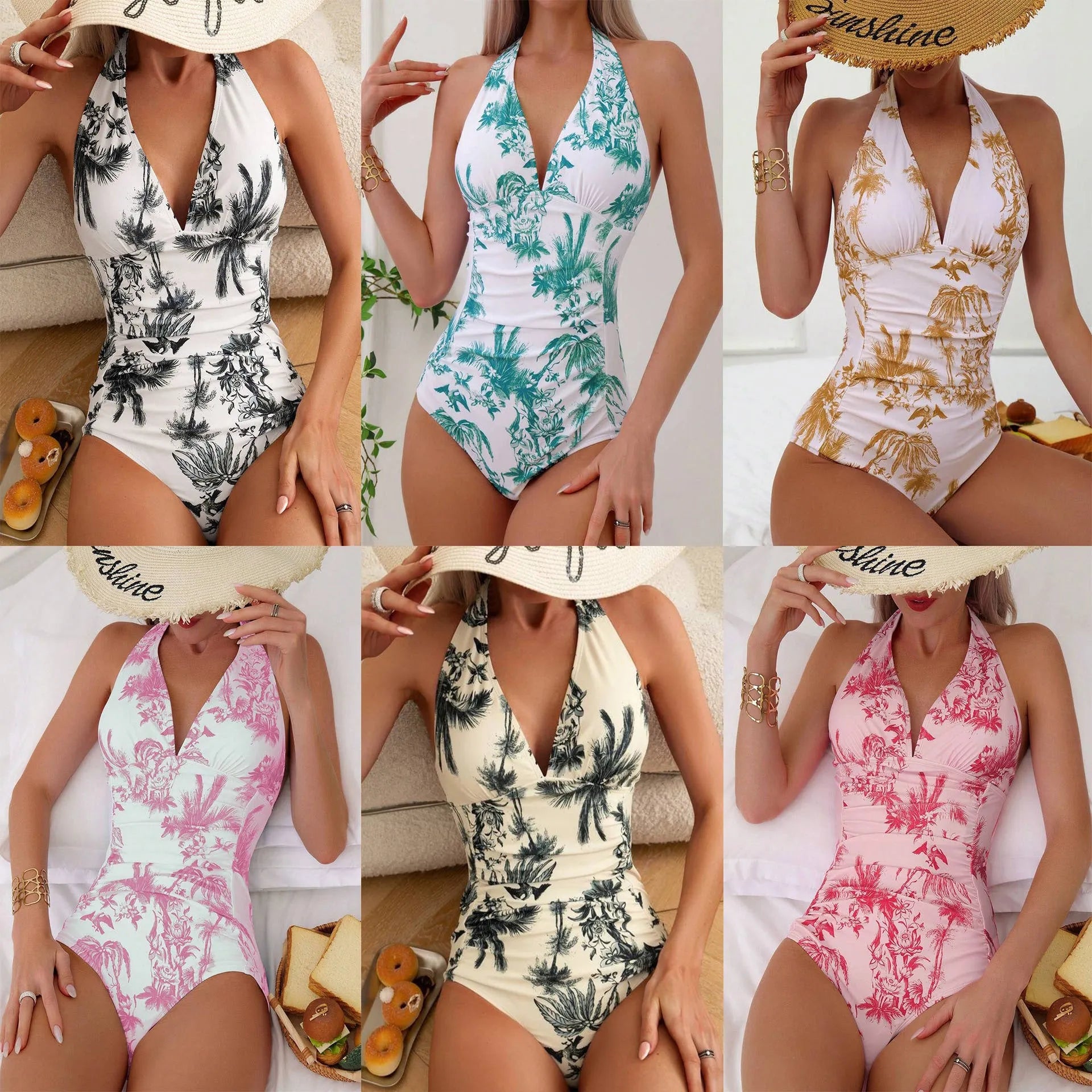 Women's printed V-neck one-piece swimsuit in polyester fabric