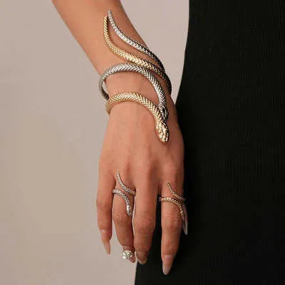 Two-piece exaggerated twisted winding simulated snakes ring and bracelet set with electroplated gold finish