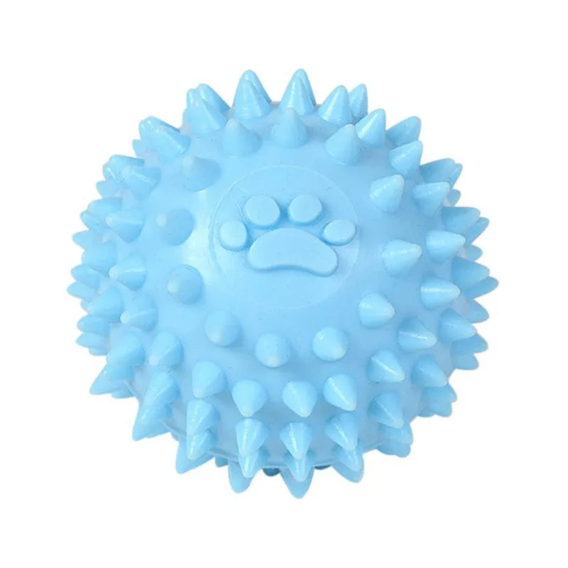 Blue TPR pet chewing ball with footprint texture and tooth-cleaning ridges measuring 6cm diameter