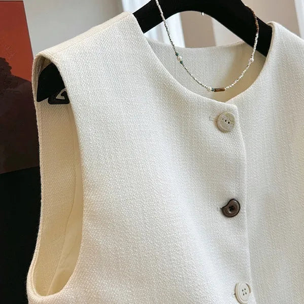Women's French-style round neck sleeveless vest dress in polyester fabric, shown in Milky White colour