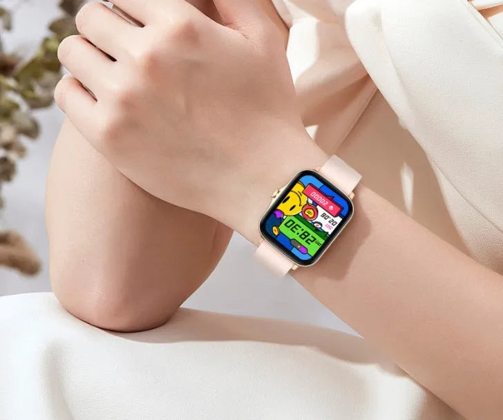 Blue smart watch with 1.7-inch touch screen on adjustable strap, showing heart rate monitoring interface.