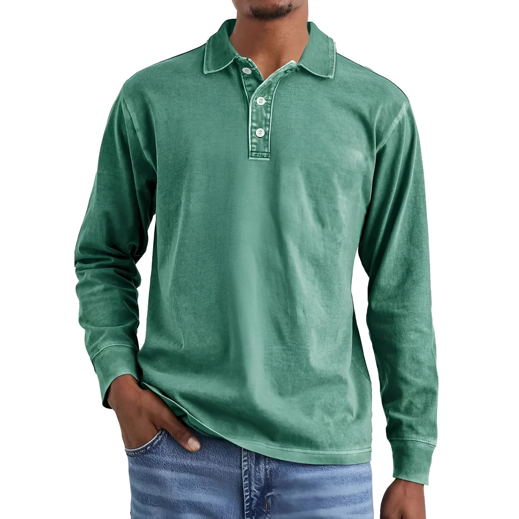 Retro washed distressed cotton long sleeve polo shirt with lapel collar in Army Green
