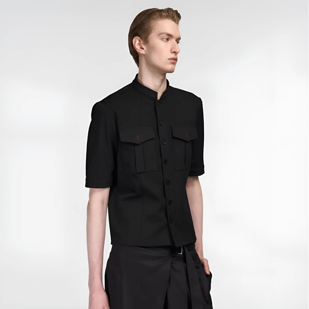 Handmade black loose fit half sleeve button-down shirt for men, shown on a hanger.