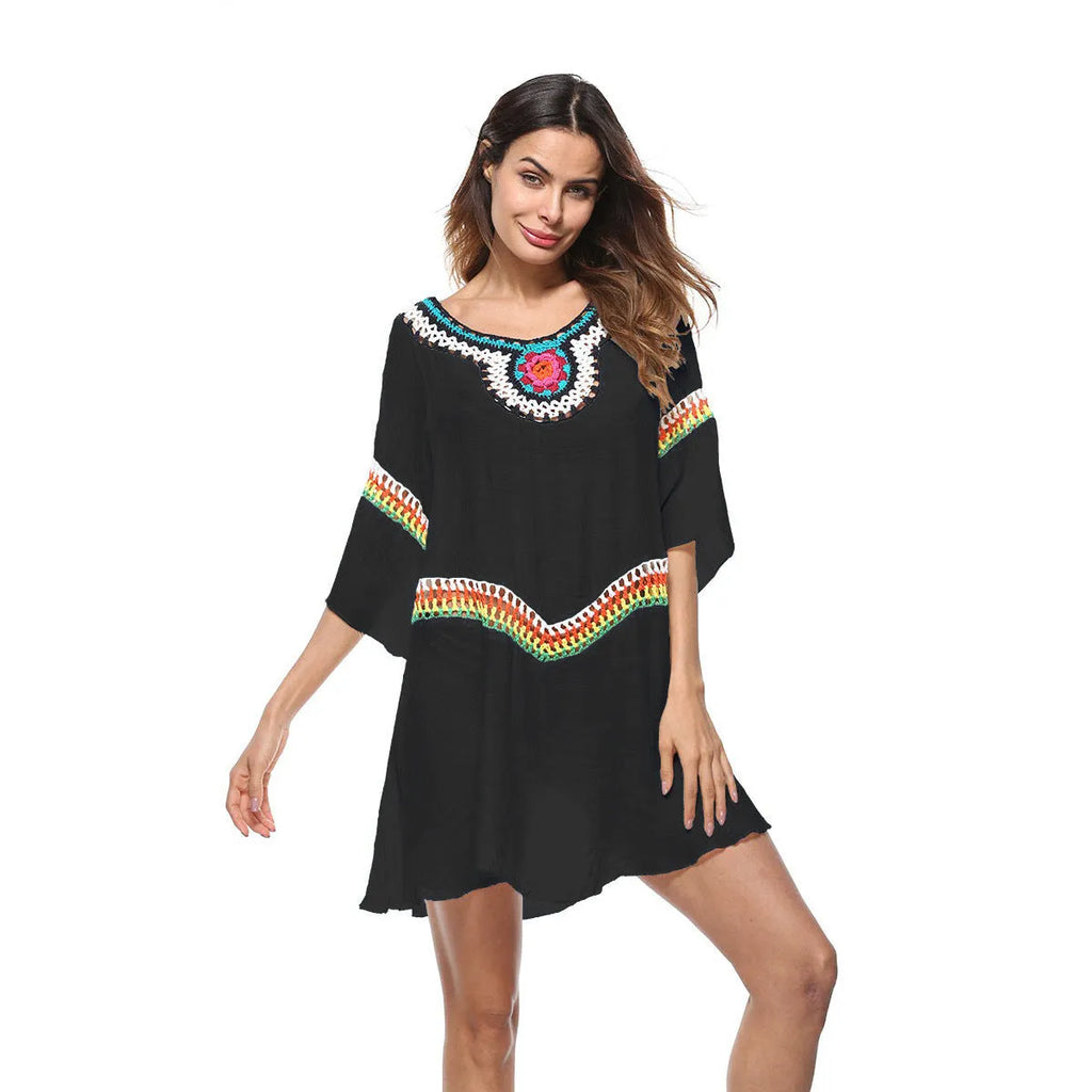 Crocheted ethnic style beach cover-up clothing for women in acrylic polyester fabric