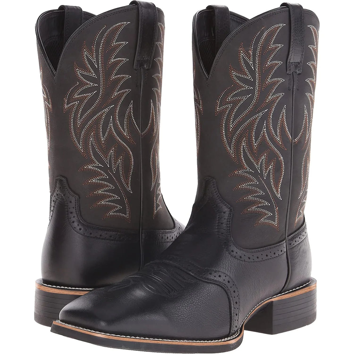 Men's black Western cowboy boots with decorative embroidery stitching, wide square toe, and a high shaft.