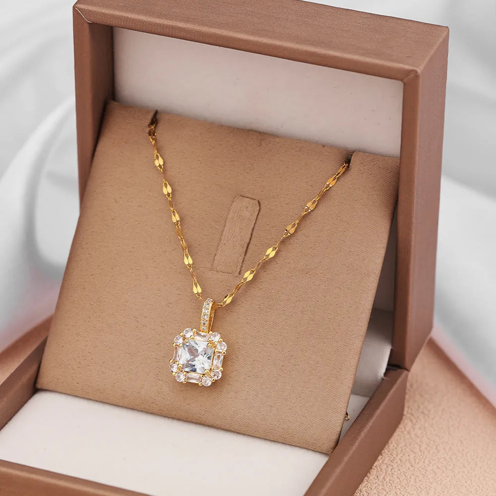 Gold titanium steel clavicle necklace with quadrilateral zircon pendant on water wave chain