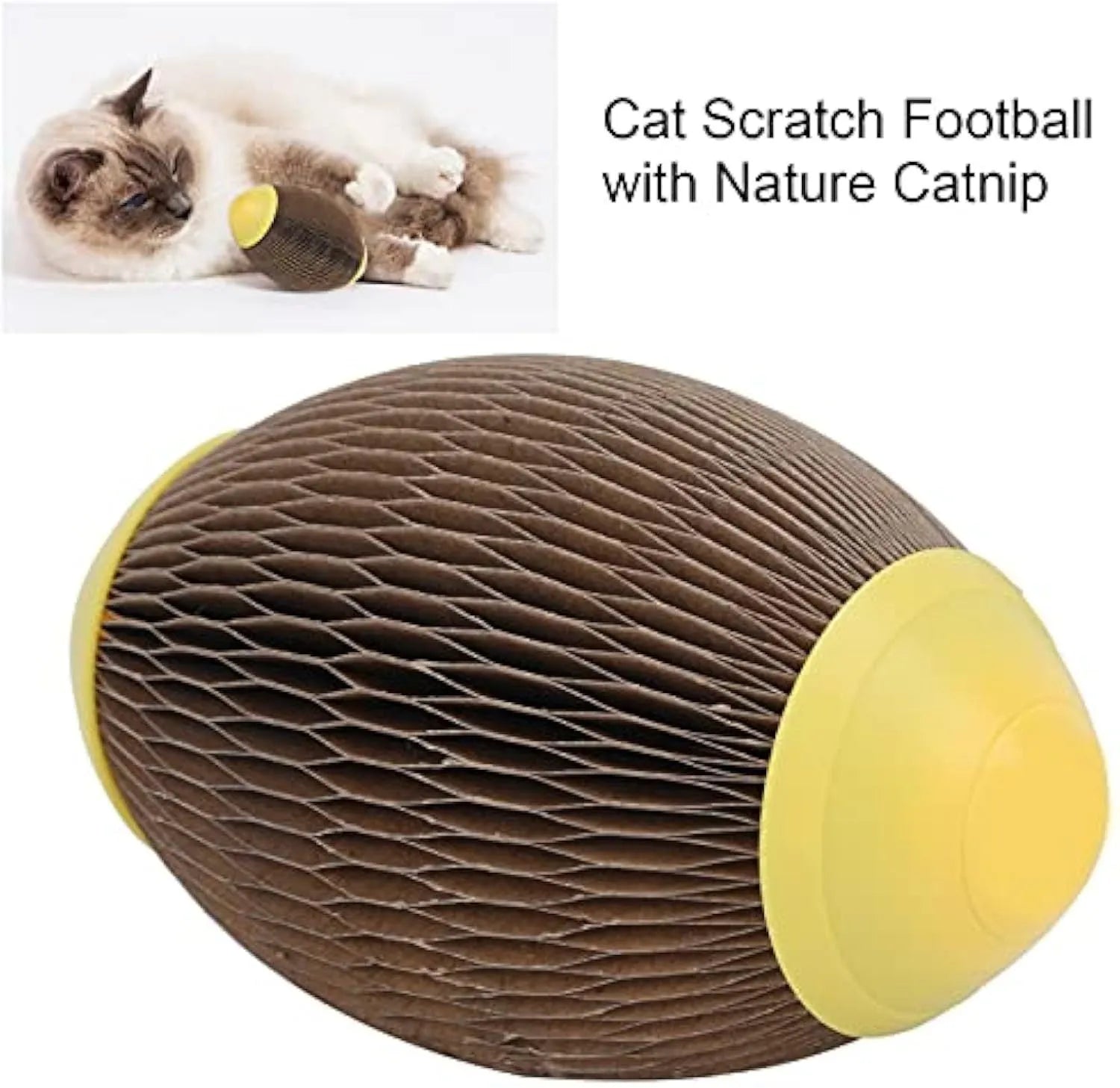 Ellipse‑shaped corrugated paper catnip football toy for cats with scratch surface
