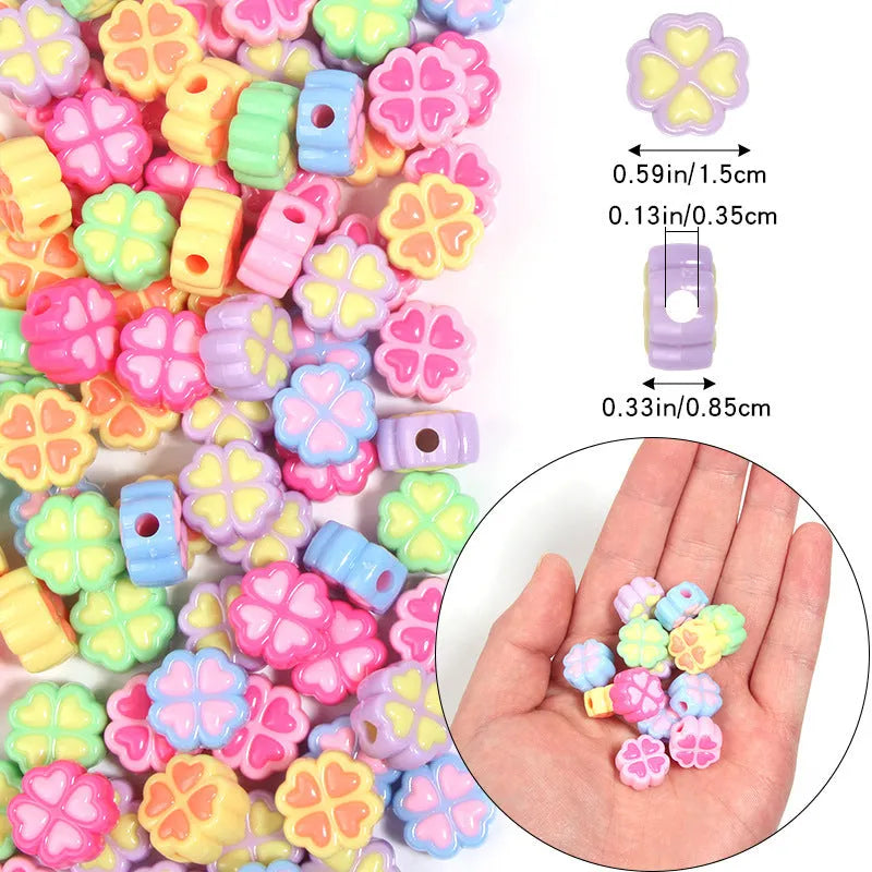 15mm acrylic four-leaf clover beads with frosted finish in various colours including rose red, pink, yellow, green, blue, purple