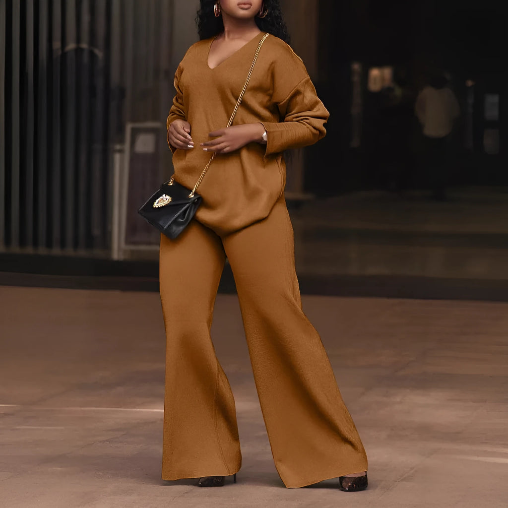 Women's brown suede two-piece casual suit with split sleeves in Japanese Korean style