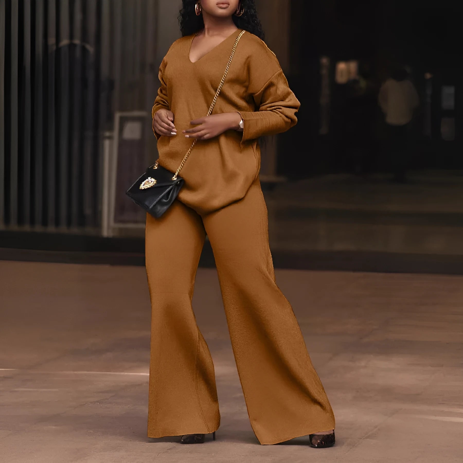 Women's brown suede two-piece casual suit with split sleeves in Japanese Korean style