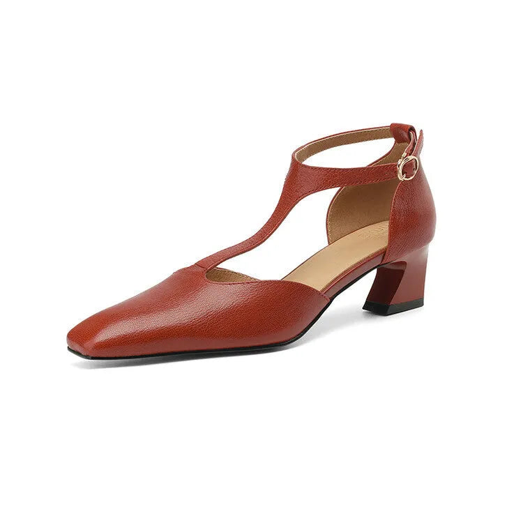 Wine red women's square toe chunky heel shoes with a buckle closure, made from sheepskin leather.