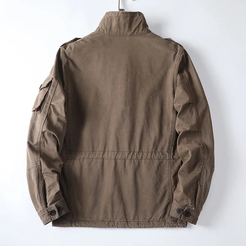Men's loose-fit cotton zip-up jacket in a retro style shown in light coffee colour