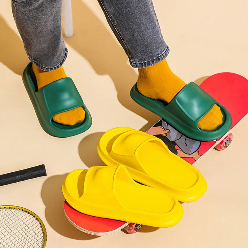 Thick-soled EVA flip-flop slippers in various colours on a white background.