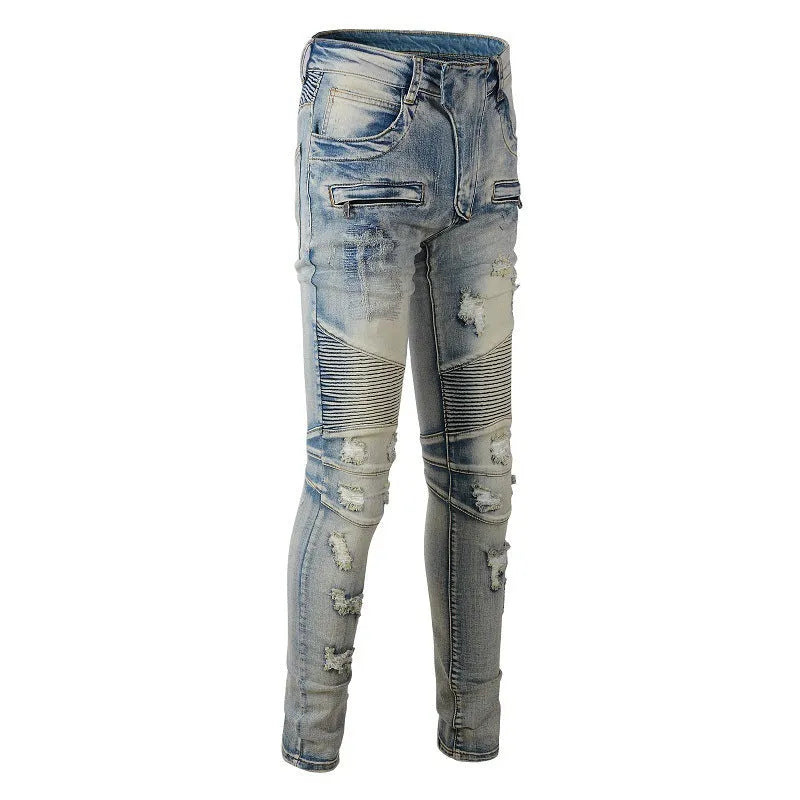 Light blue men's slim fit distressed jeans with hand-frayed details and a straight leg cut.