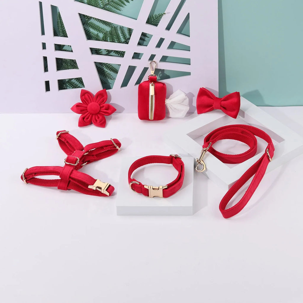 Pet collar and harness set with velvet material, traction rope, chest strap, bow tie, flower accessory, and toilet bag