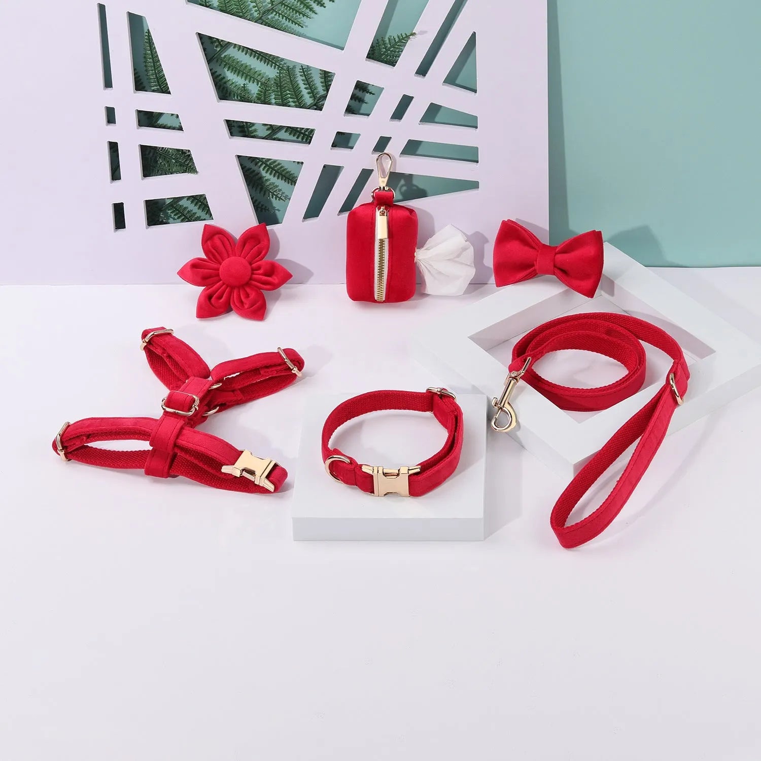 Pet collar and harness set with velvet material, traction rope, chest strap, bow tie, flower accessory, and toilet bag