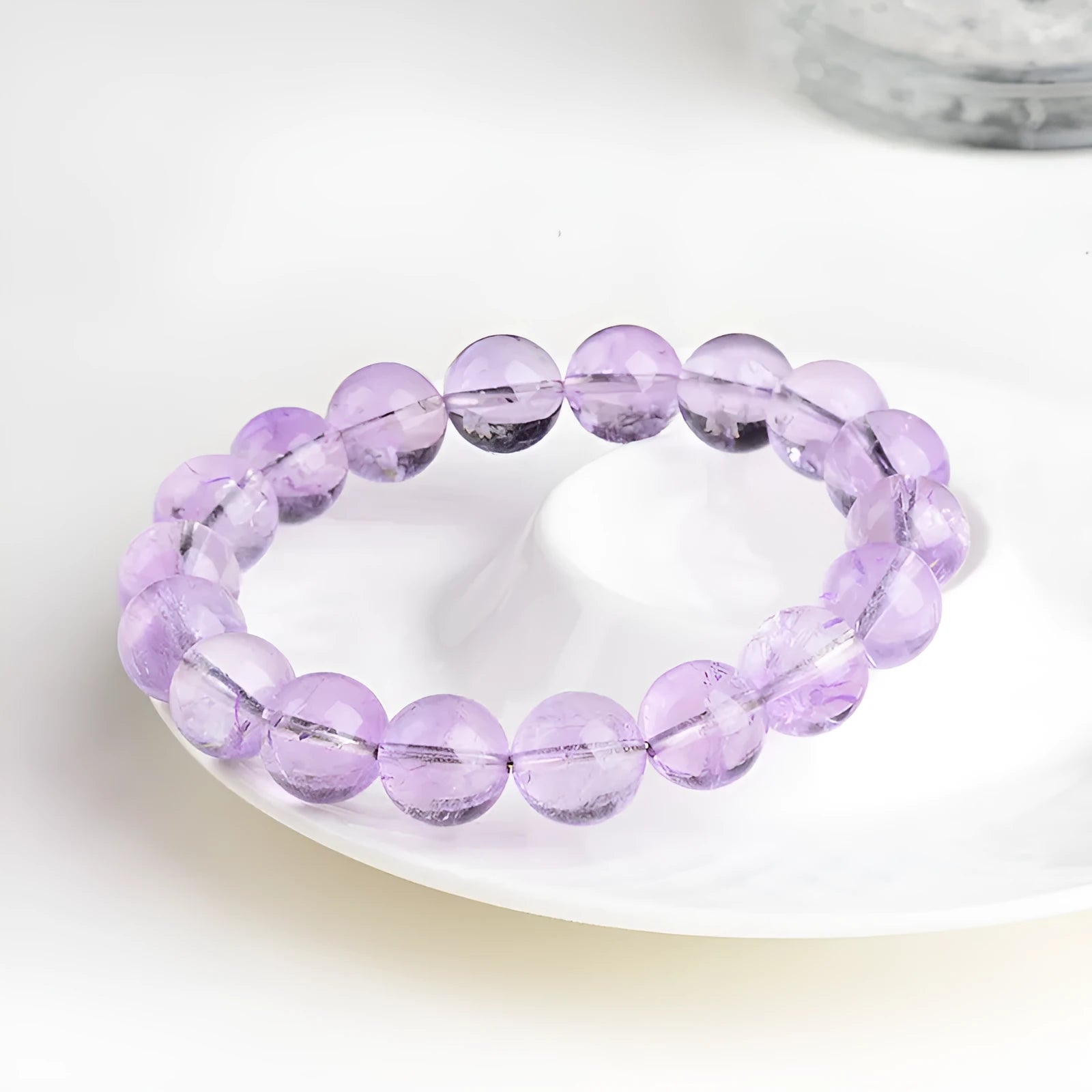 Lavender amethyst geometric water ripple bracelet with round beads on wrist