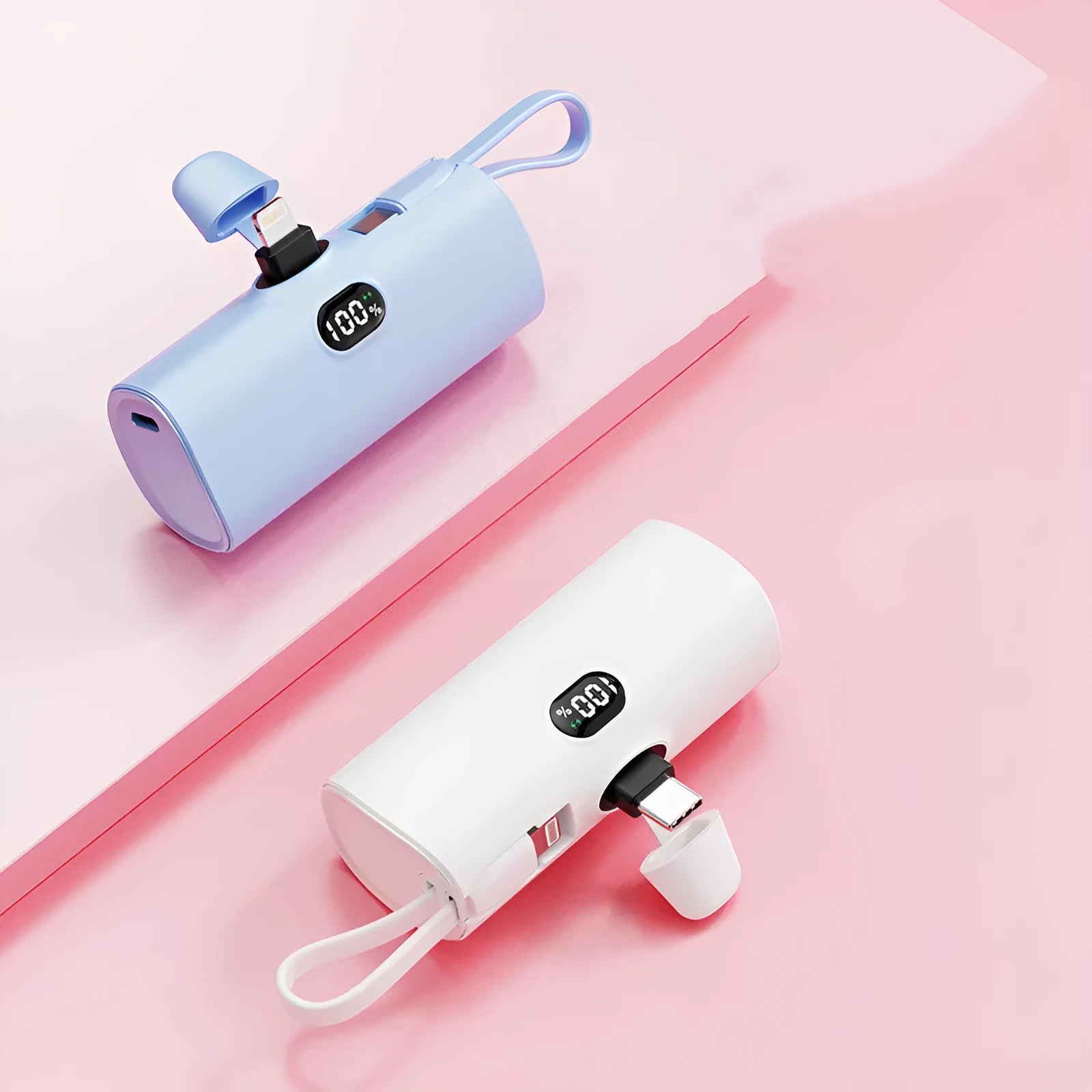 Capsule-shaped power bank with digital display and built-in AC plug in multiple colour options
