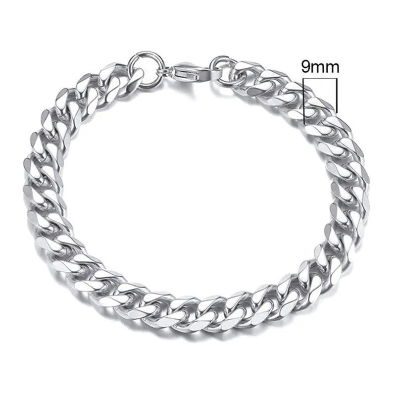 Geometric six-sided Cuban link metal bracelet shown in gold, black and steel colour finishes with varying widths from 3mm to 11mm.