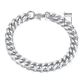 Geometric six-sided Cuban link metal bracelet shown in gold, black and steel colour finishes with varying widths from 3mm to 11mm.