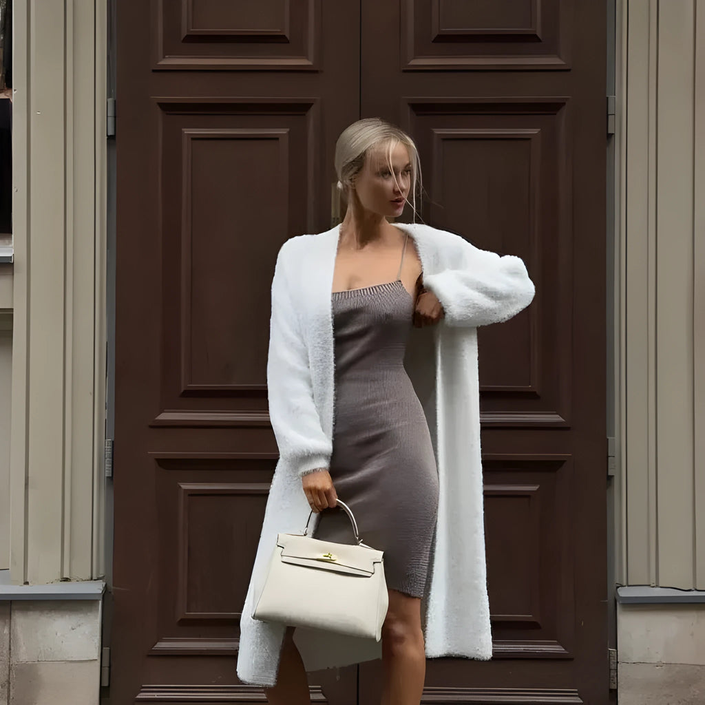 White women's polyester knit cardigan jacket with 105cm length and loose fit