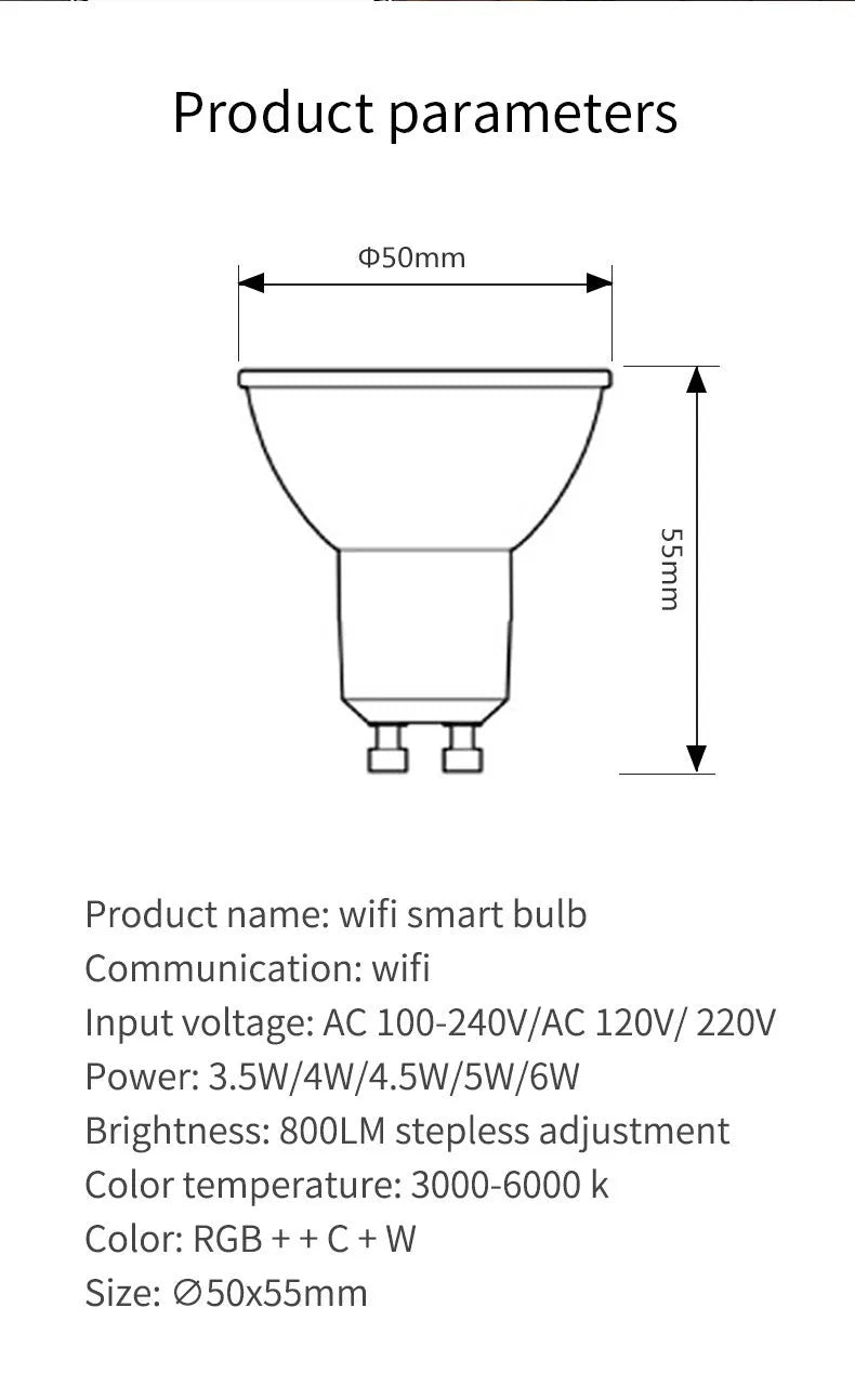Wi-Fi smart GU10 LED spotlight bulb with RGBCCT colour and adjustable white light options
