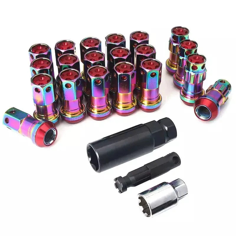 Set of aluminium alloy flat head wheel hub nuts in various colours including red, gold, blue, purple, and black.