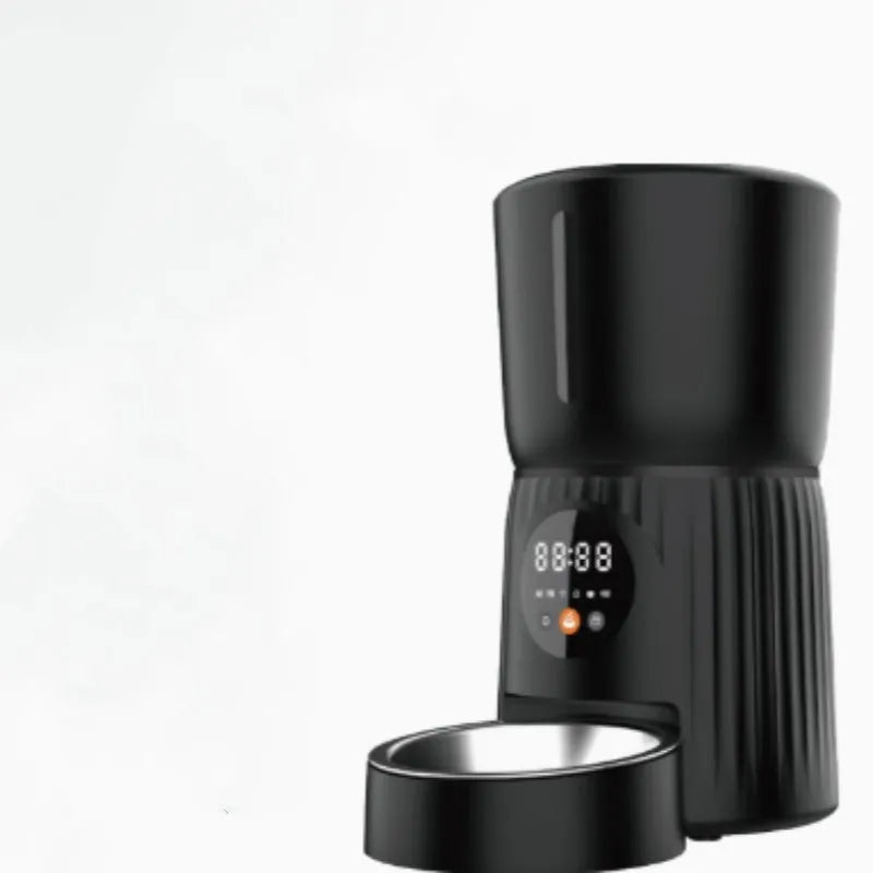 Black automatic pet feeder with digital display and food storage compartment