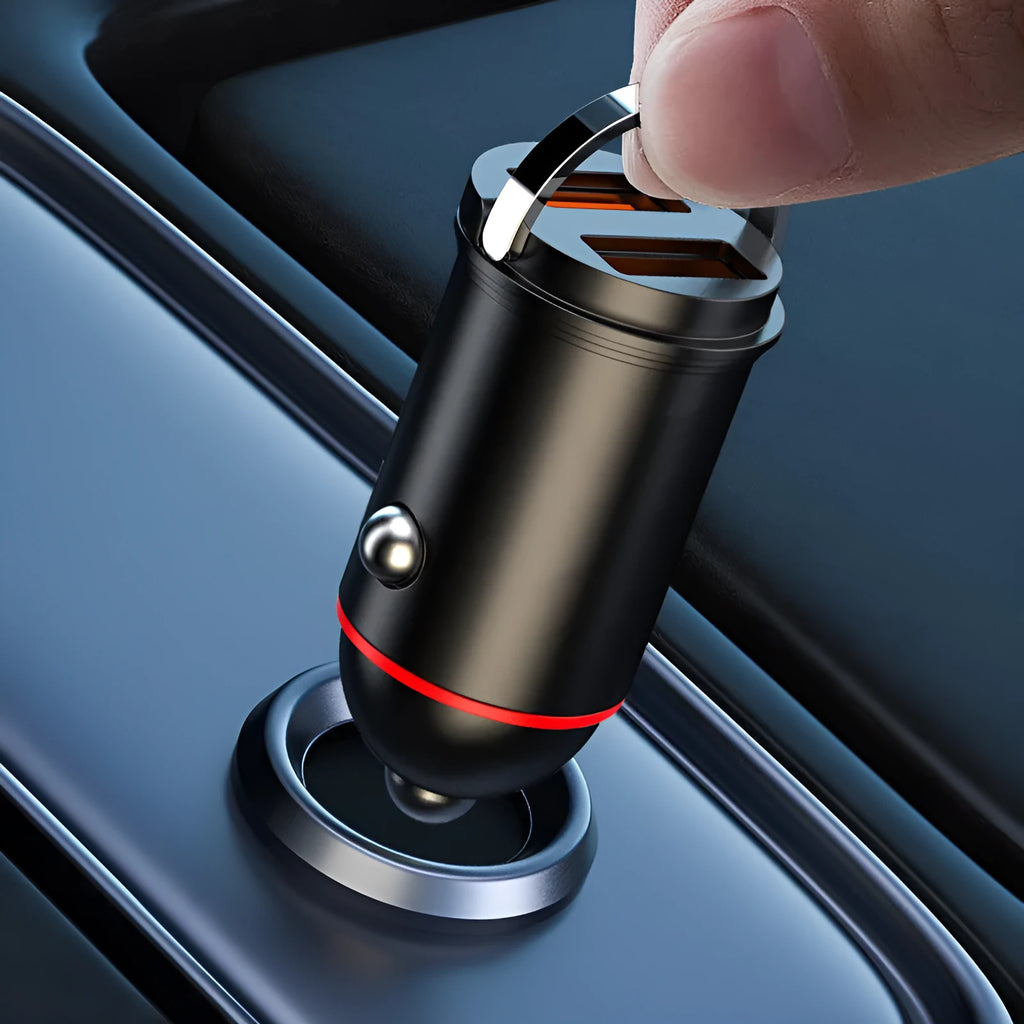 Black 200W super fast car charger with compact zinc alloy design and USB output port