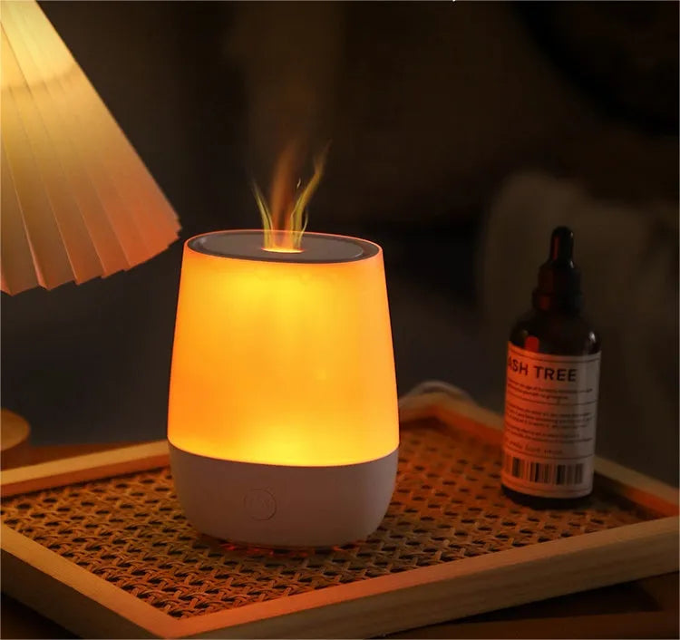 White USB-powered aromatherapy diffuser with simulated flame effect and humidifier function