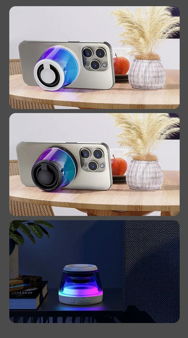 Portable wireless Bluetooth speaker with magnetic attachment and LED lighting in black or white