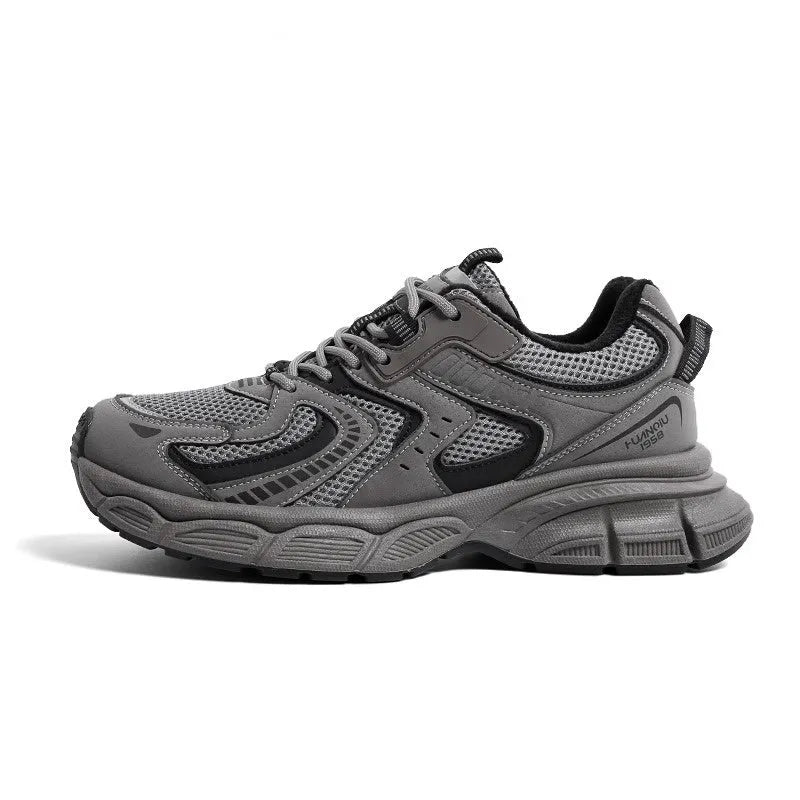 Grey platform casual sneakers with a low-top design and a white EVA sole on a plain background.