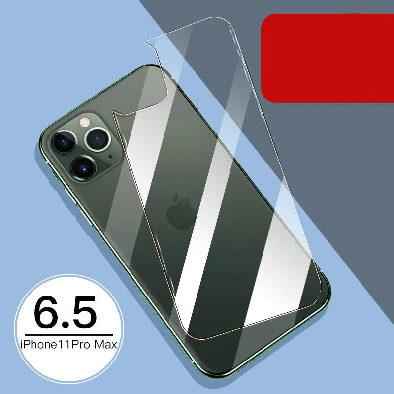 Apple iPhone tempered glass screen protector film for front and rear protection.