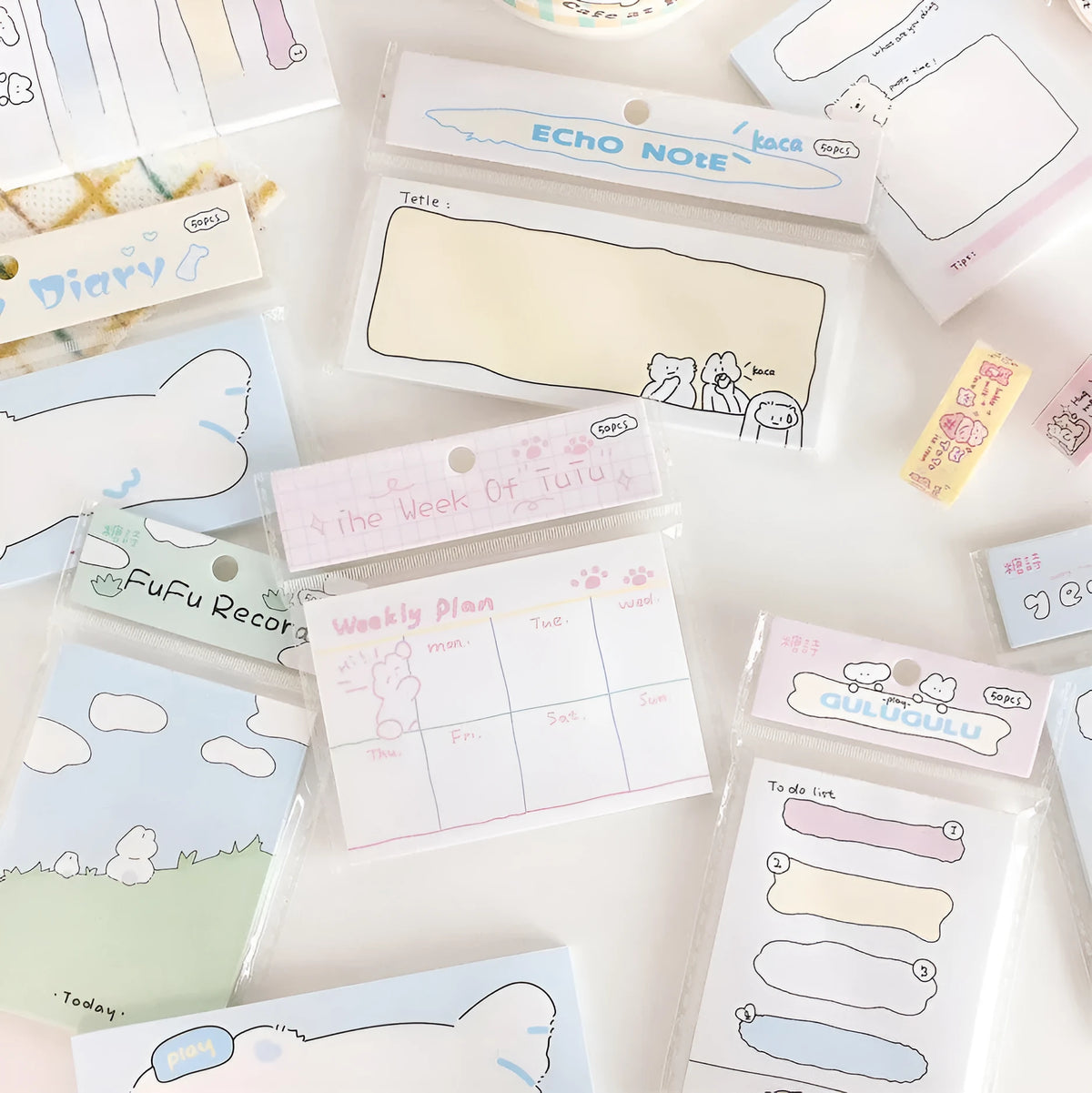 Cartoon hand account collage sticky notes in six styles including Echo Notes and Puppy Diary designs