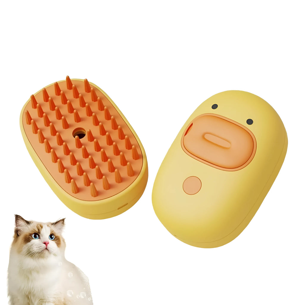 White and yellow 3-in-1 rechargeable steam grooming brush for cats and dogs with rubber comb teeth