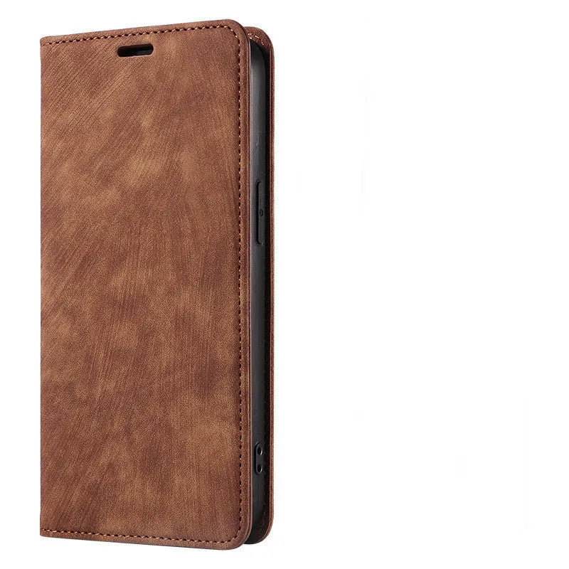 Magnetic flip leather phone case for iPhone in grey, lake green, and pink colours.