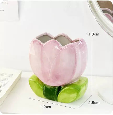 Ceramic desktop pen holder with floral pattern storage box for desk organisation