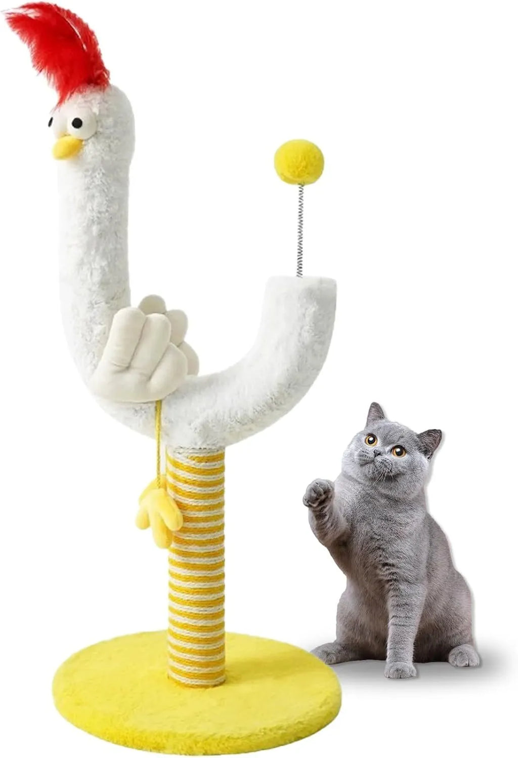 Yellow vertical cat scratching post with sisal wrapping and a spring ball toy attached.