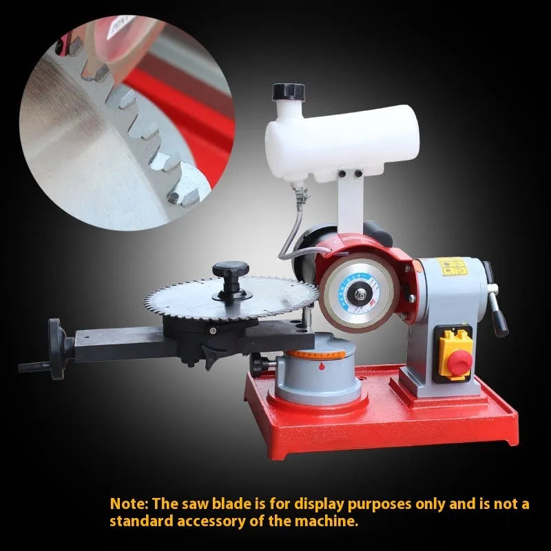Xiao Mo Wang manual sharpedge grinding machine for alloy circular saw blades on a workshop bench.