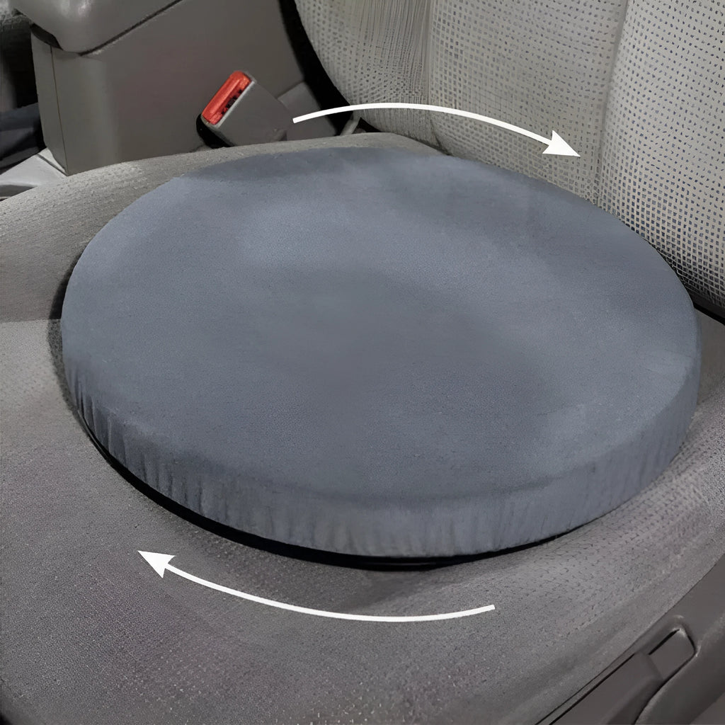 360-degree rotating car seat cushion with non-slip base, shown on a car seat.