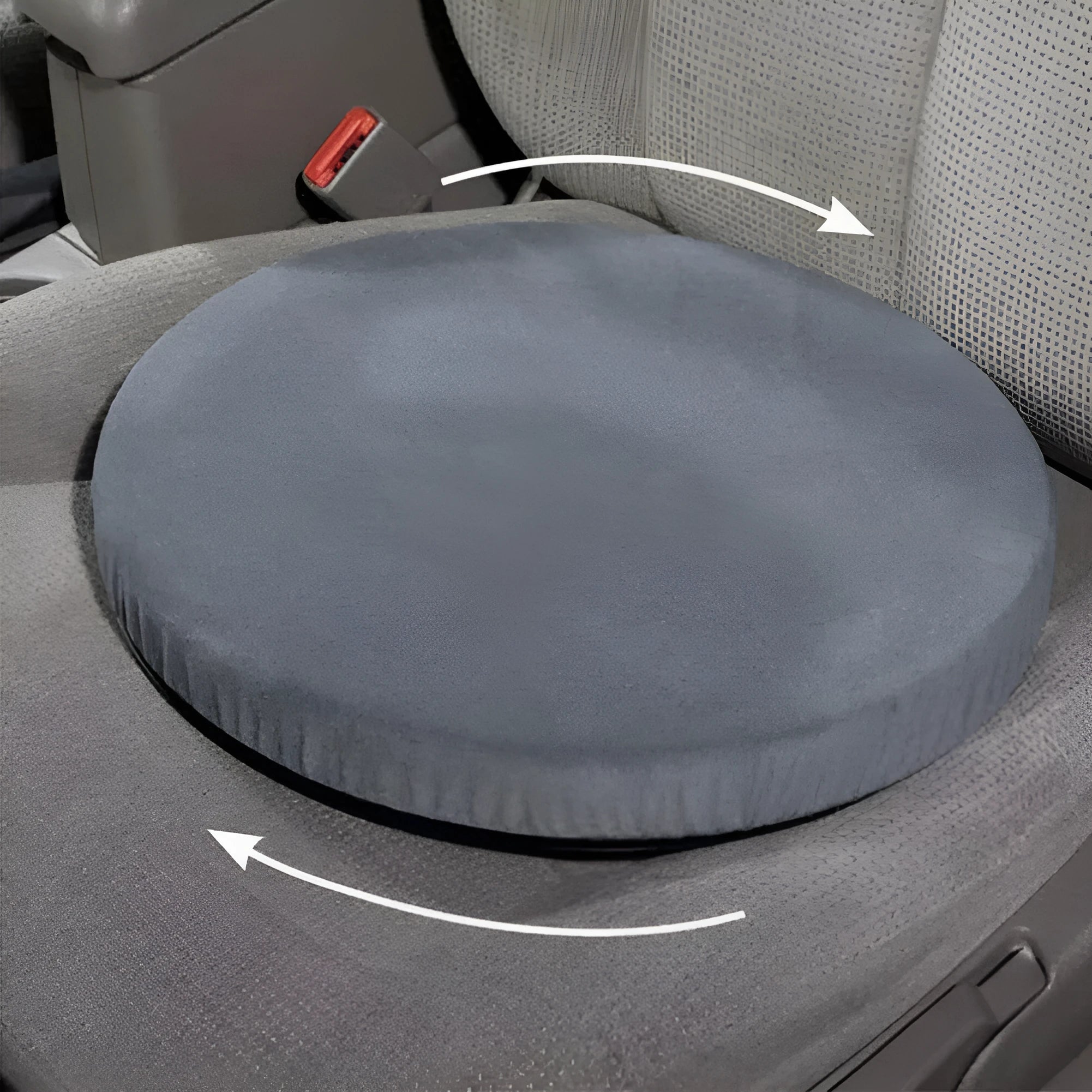 360-degree rotating car seat cushion with non-slip base, shown on a car seat.