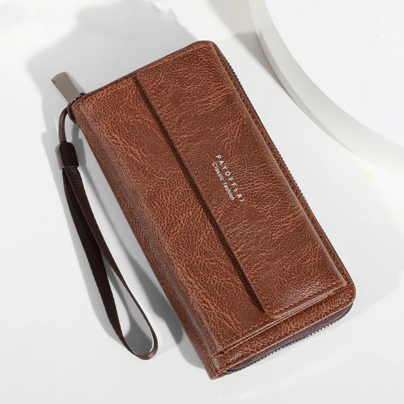 Men's black PU leather long wallet with multiple card slots showing 19 cm length