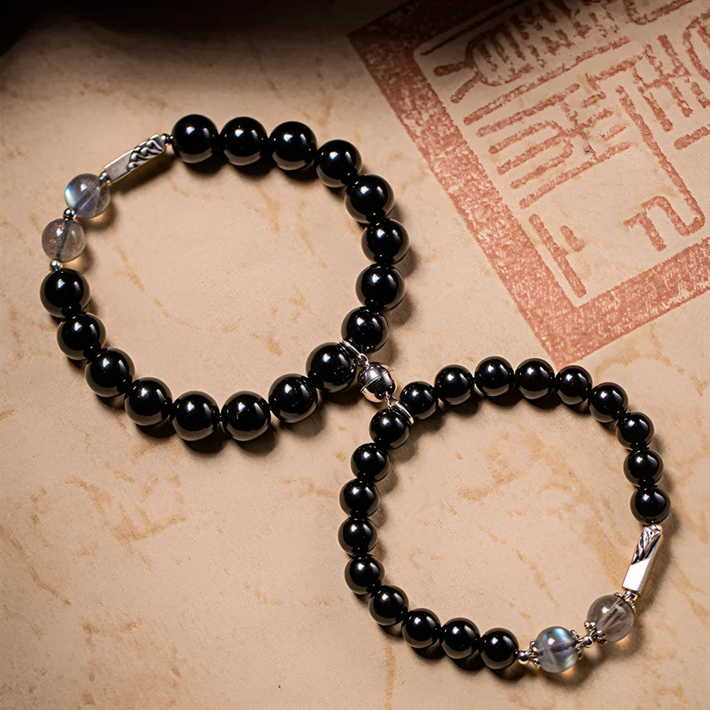 Obsidian Buddha beads DIY couple bracelet kit with 8mm and 10mm beads in traditional national style