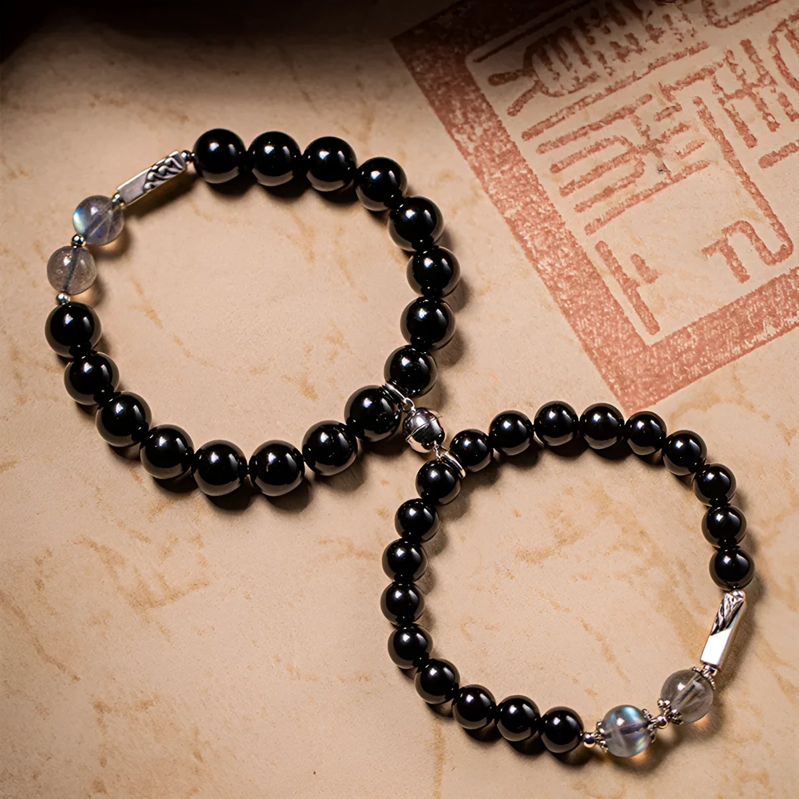 Obsidian Buddha beads DIY couple bracelet kit with 8mm and 10mm beads in traditional national style