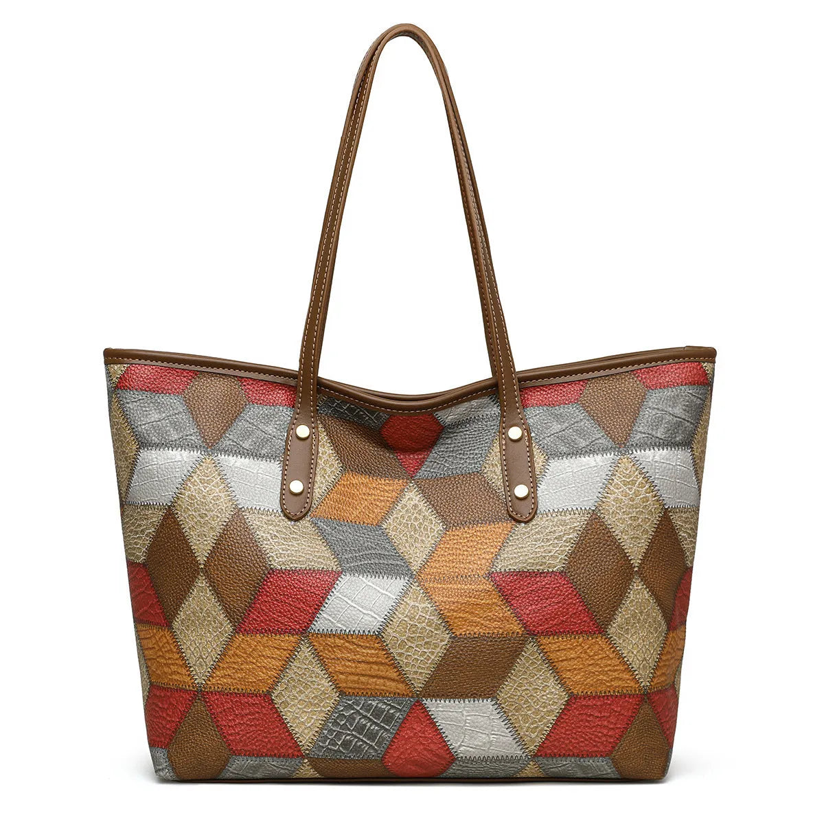 Women's blue brown PVC shoulder handbag with outer sandwich pocket for business and travel