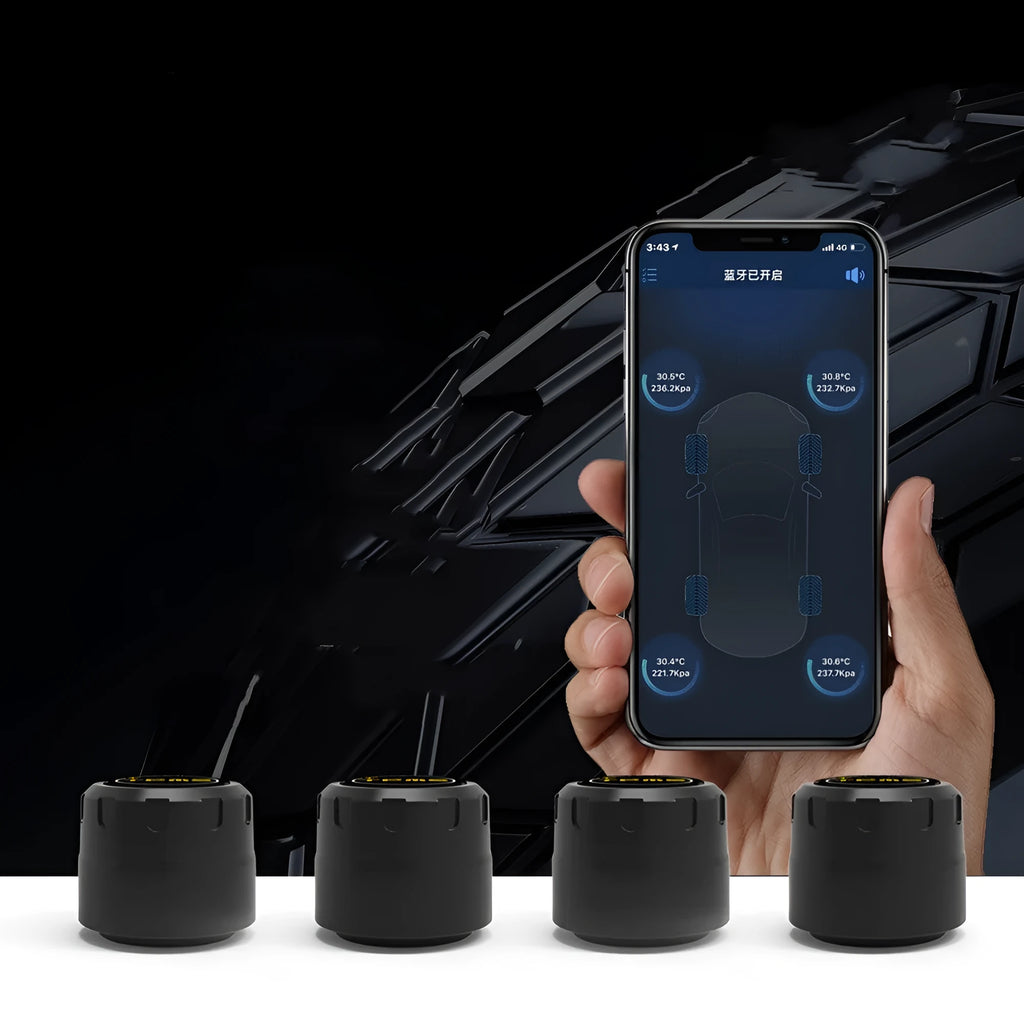 Bluetooth 5.0 automotive tyre pressure monitoring system with four black external sensors and installation tools