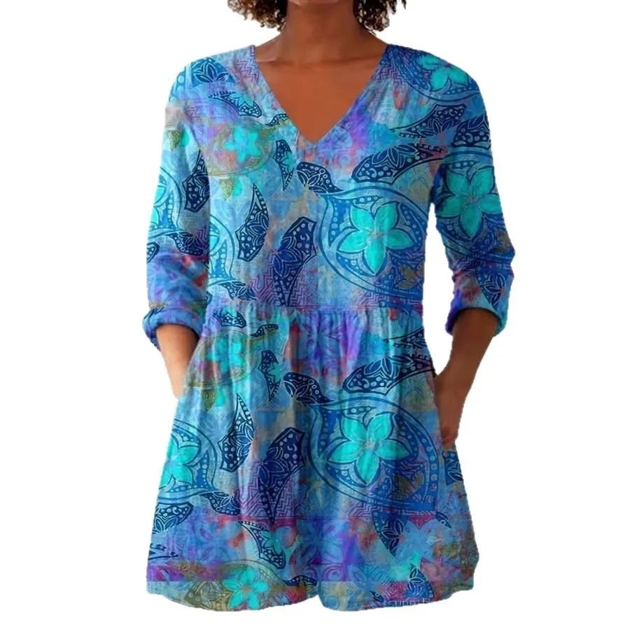 Women's retro style slim fit long sleeved top with a digital printed pattern.