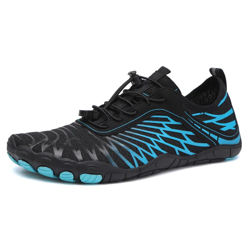 Men's white upstream sports shoes with lace-up front, breathable gauze lining, and non-slip rubber soles